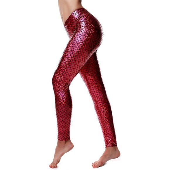 Pants - Women Sexy Mermaid Fish Scale Hologram Stretch Soft Shine Leggings (Small, Red)